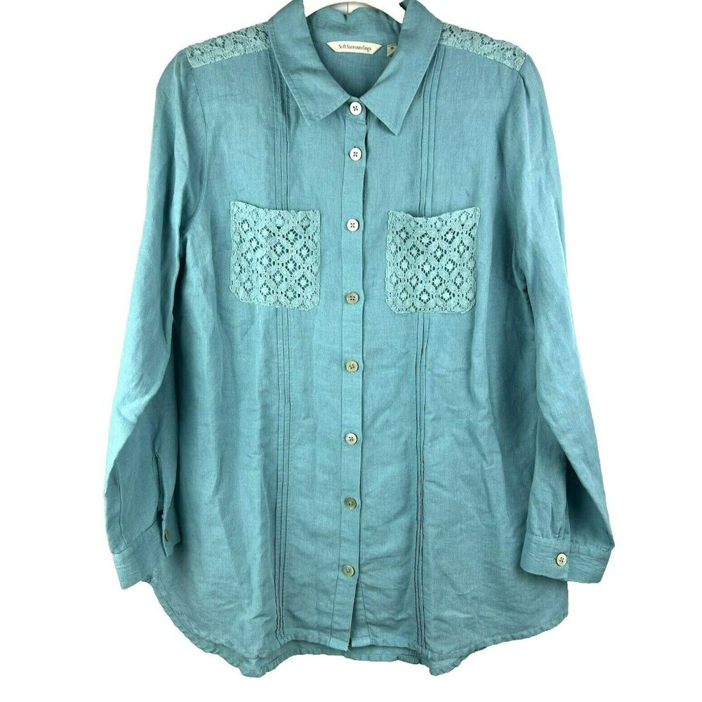 Soft Surroundings Blue Linen Blend Tunic Top M Roll Tab Sleeve Crochet 2EX03